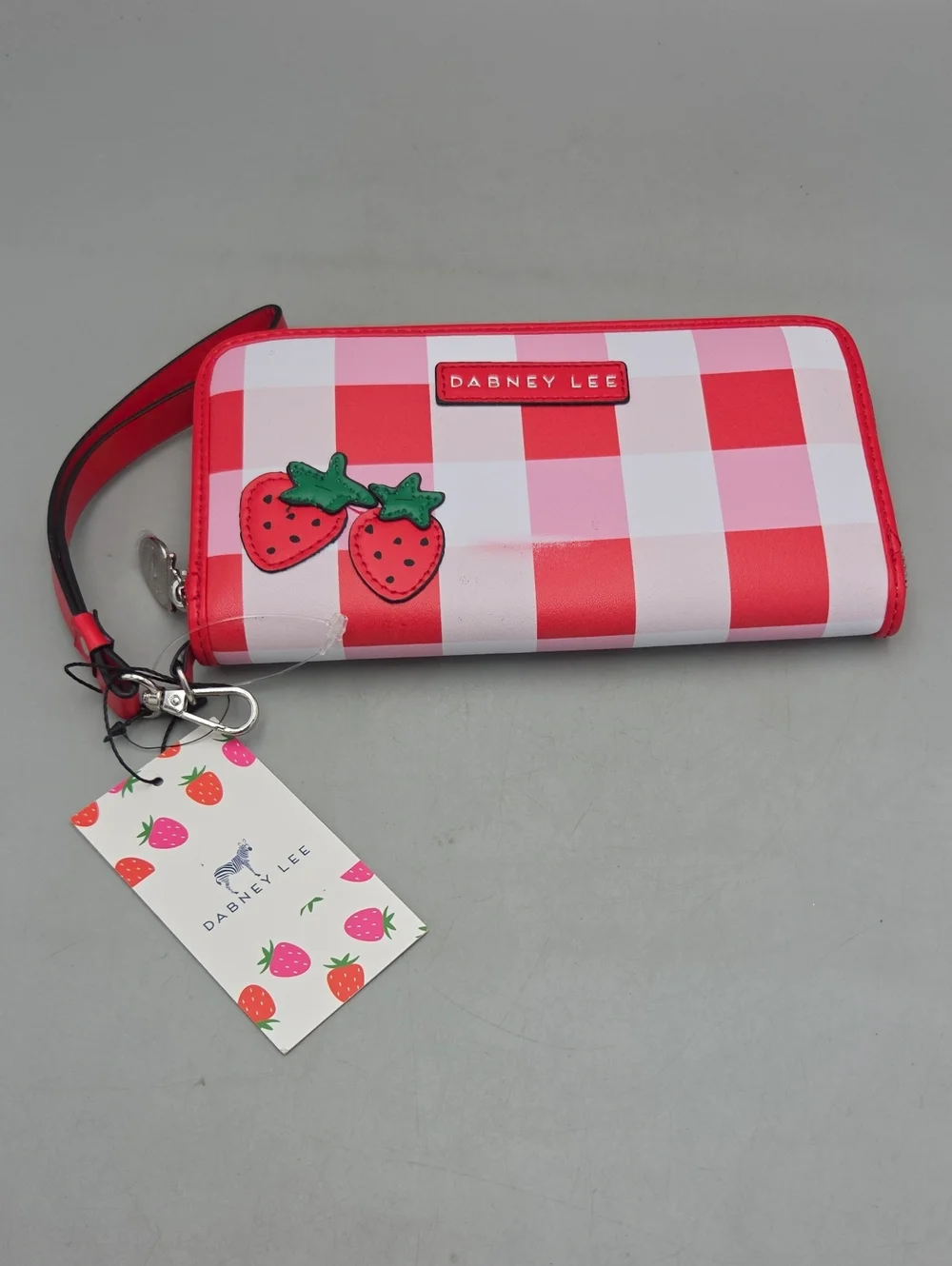 NWT Dabney Lee Strawberry Red Pink Whi Gingham Check Wallet Zip Around Wristlet